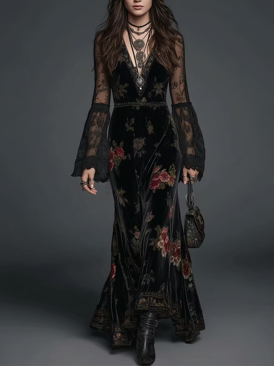 Vestido Maxi de Terciopelo Negro con Estampado Floral y Mangas de Encaje