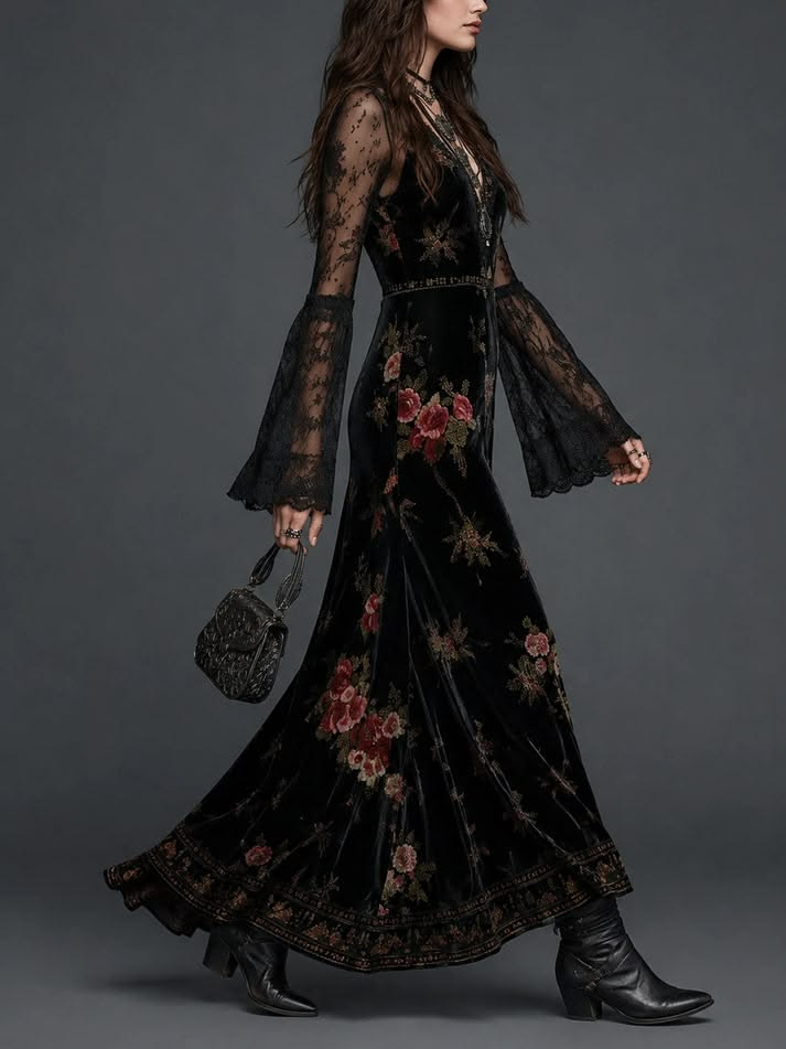Vestido Maxi de Terciopelo Negro con Estampado Floral y Mangas de Encaje