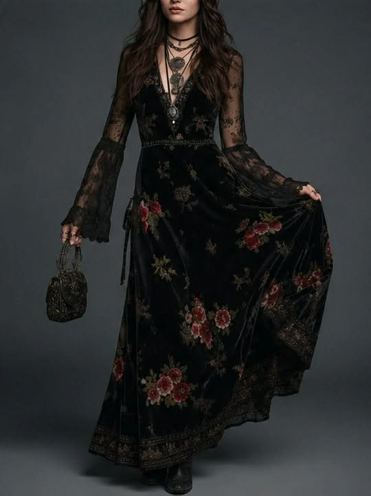 Vestido Maxi de Terciopelo Negro con Estampado Floral y Mangas de Encaje