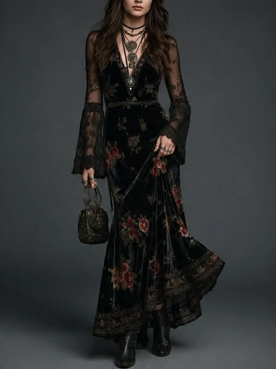 Vestido Maxi de Terciopelo Negro con Estampado Floral y Mangas de Encaje