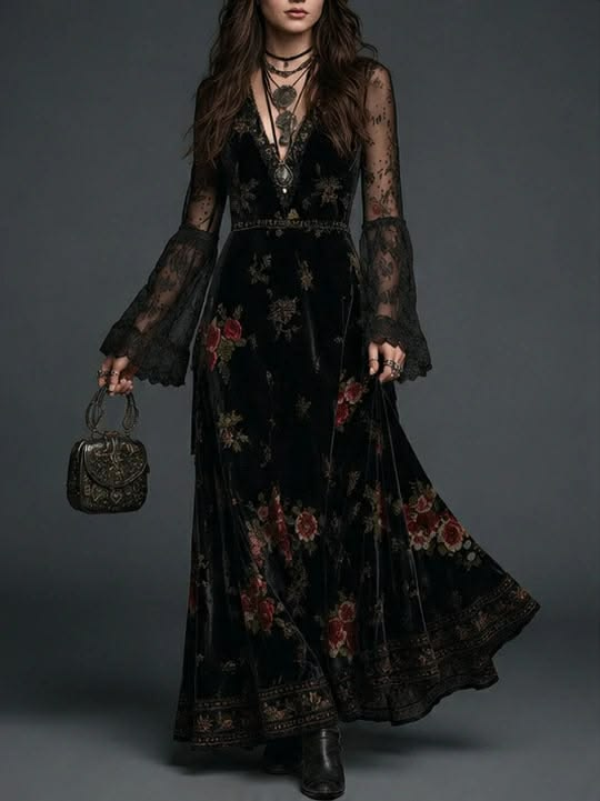 Vestido Maxi de Terciopelo Negro con Estampado Floral y Mangas de Encaje