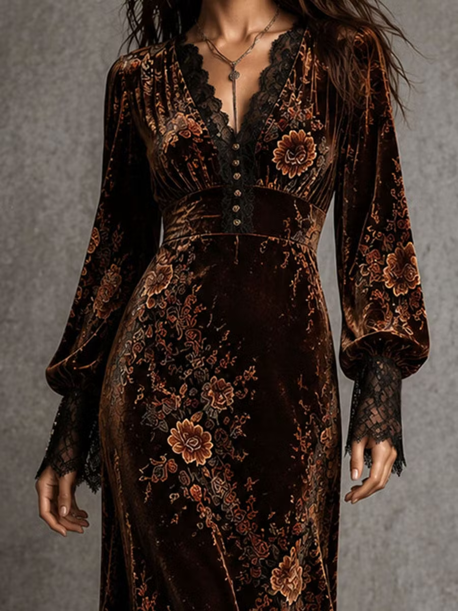 Vestido maxi de terciopelo con estampado floral, encaje y escote en V en marrón