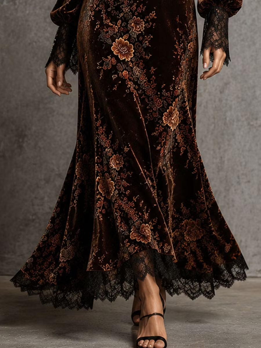 Vestido maxi de terciopelo con estampado floral, encaje y escote en V en marrón