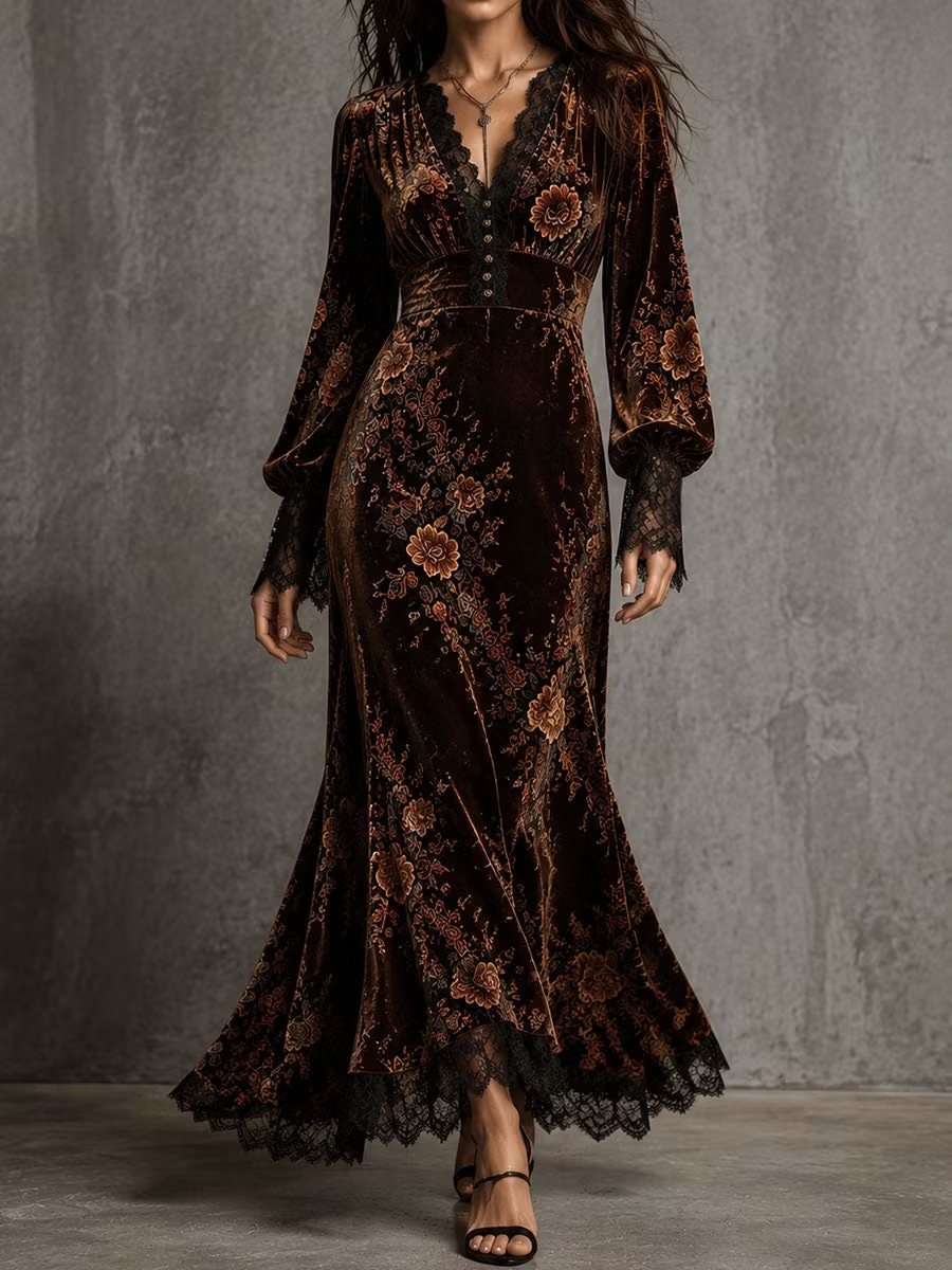 Vestido maxi de terciopelo con estampado floral, encaje y escote en V en marrón