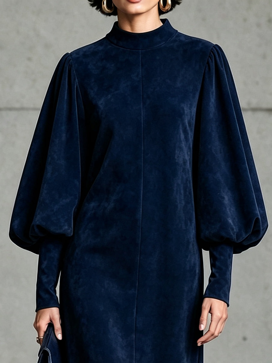 Vestido midi azul marino de ante sintético con mangas abullonadas y bajo de flecos