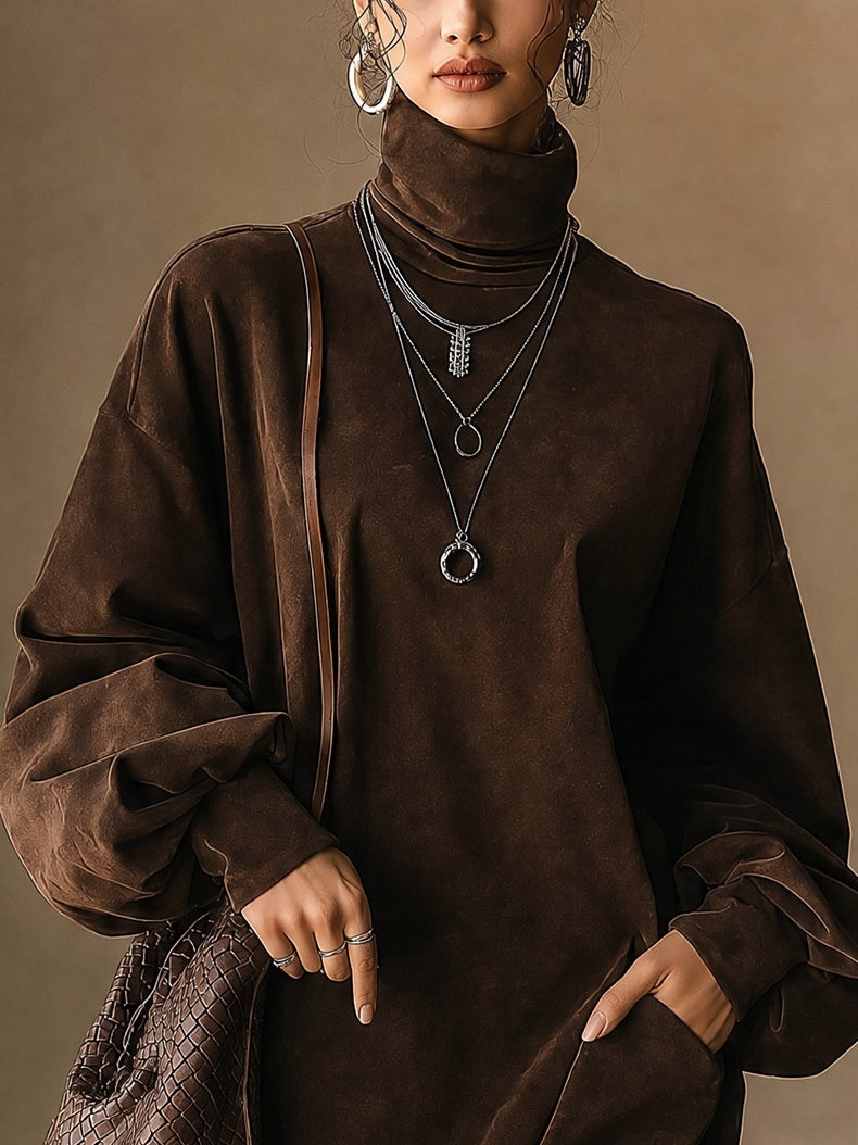 Vestido mini de ante sintético con cuello alto y mangas globo en marrón