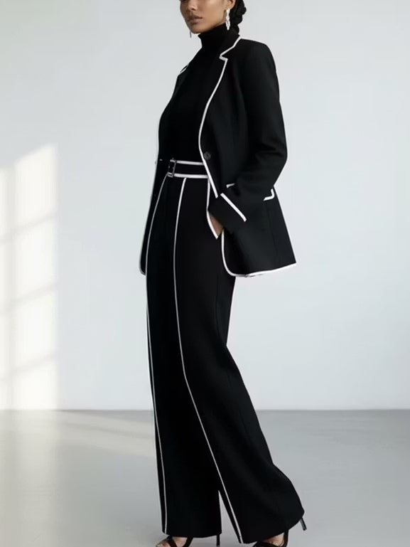 Conjunto de blazer con ribete en contraste y pantalón de pierna ancha en negro