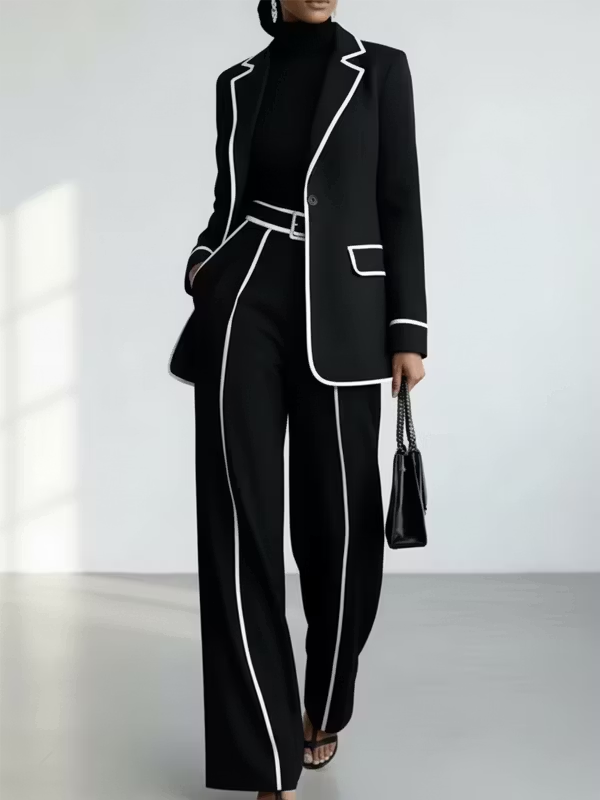Conjunto de blazer con ribete en contraste y pantalón de pierna ancha en negro