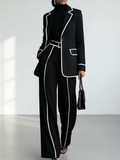 Conjunto de blazer con ribete en contraste y pantalón de pierna ancha en negro