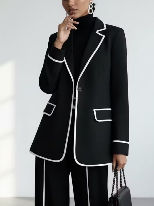 Conjunto de blazer con ribete en contraste y pantalón de pierna ancha en negro