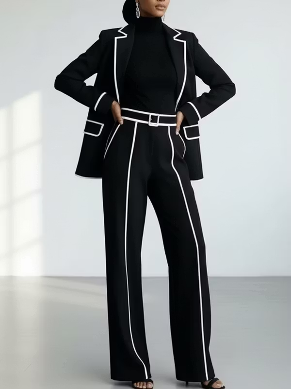 Conjunto de blazer con ribete en contraste y pantalón de pierna ancha en negro