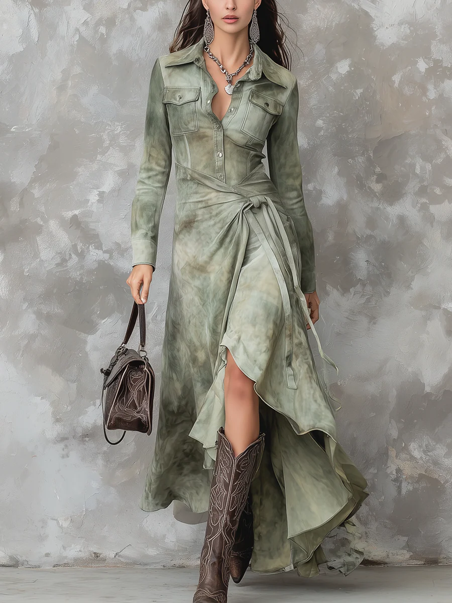 Vestido midi entallado verde salvia con efecto tie-dye y bolsillos
