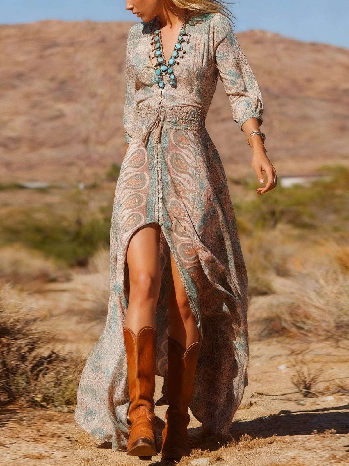 Vestido maxi boho estampado con abertura, estilo western