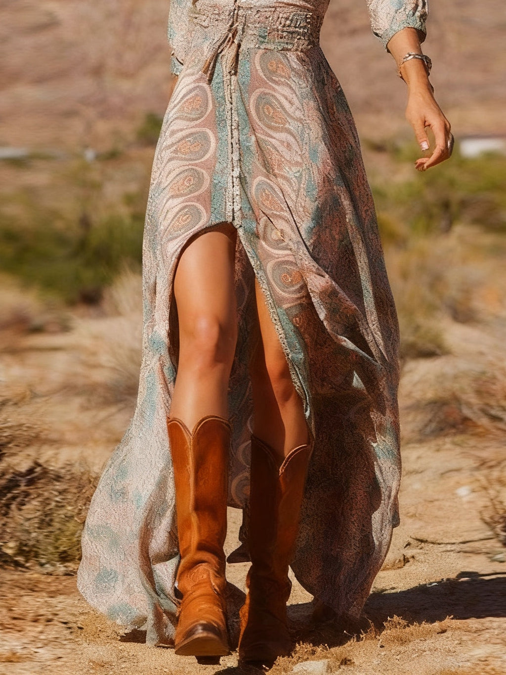Vestido maxi boho estampado con abertura, estilo western