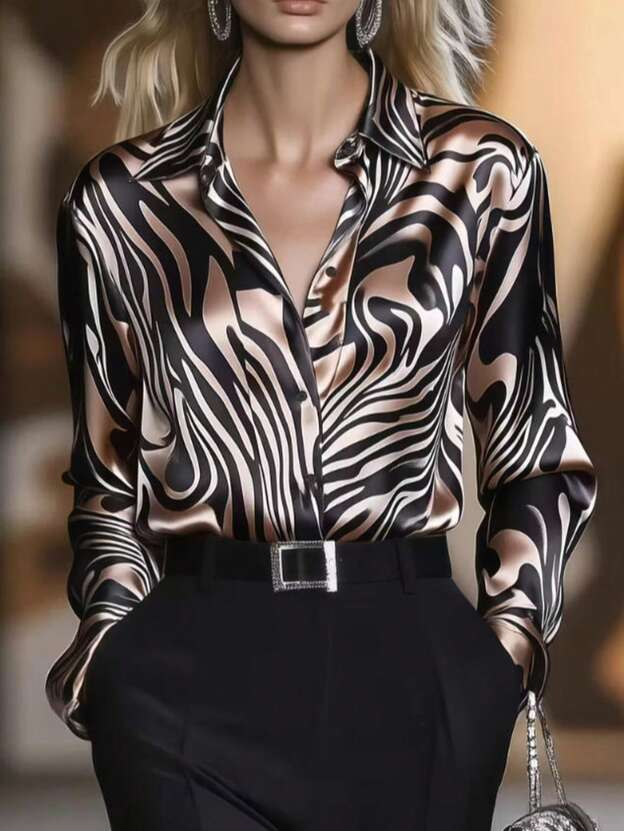 Camisa elegante de satén con estampado de cebra y cuello solapa