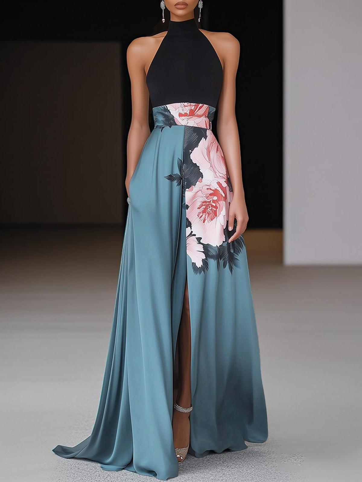 Vestido Maxi Negro Floral con Abertura, Corte A y Cuello Redondo