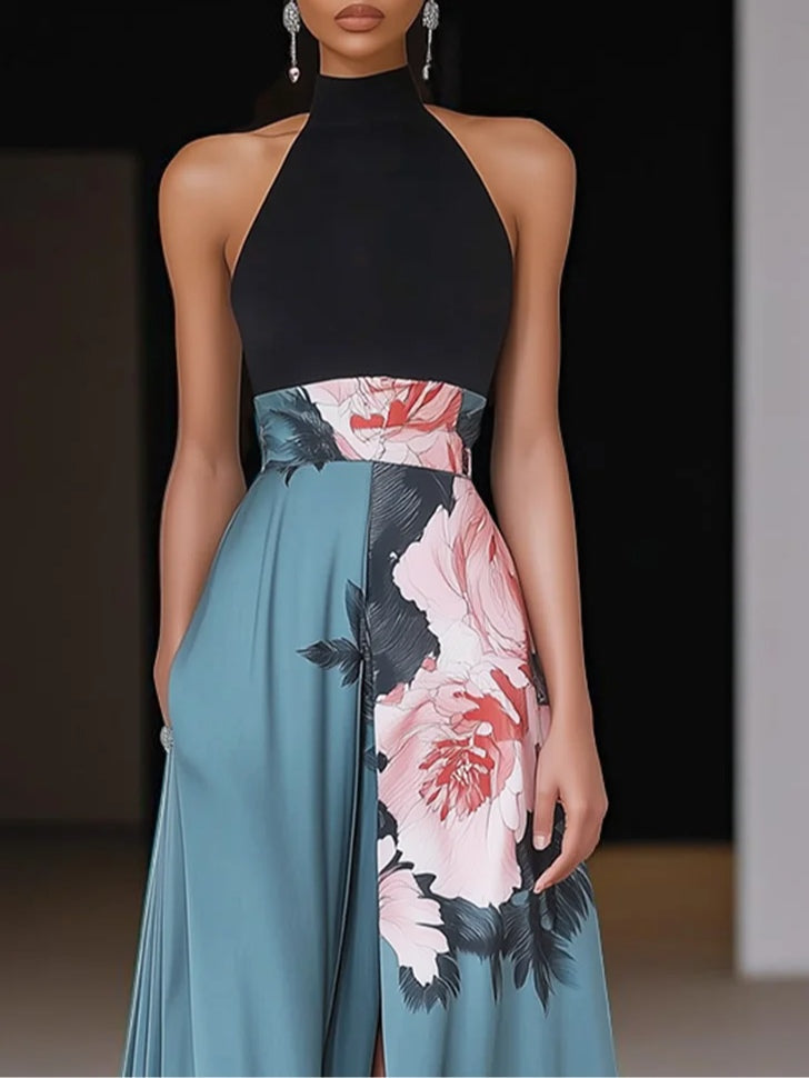 Vestido Maxi Negro Floral con Abertura, Corte A y Cuello Redondo