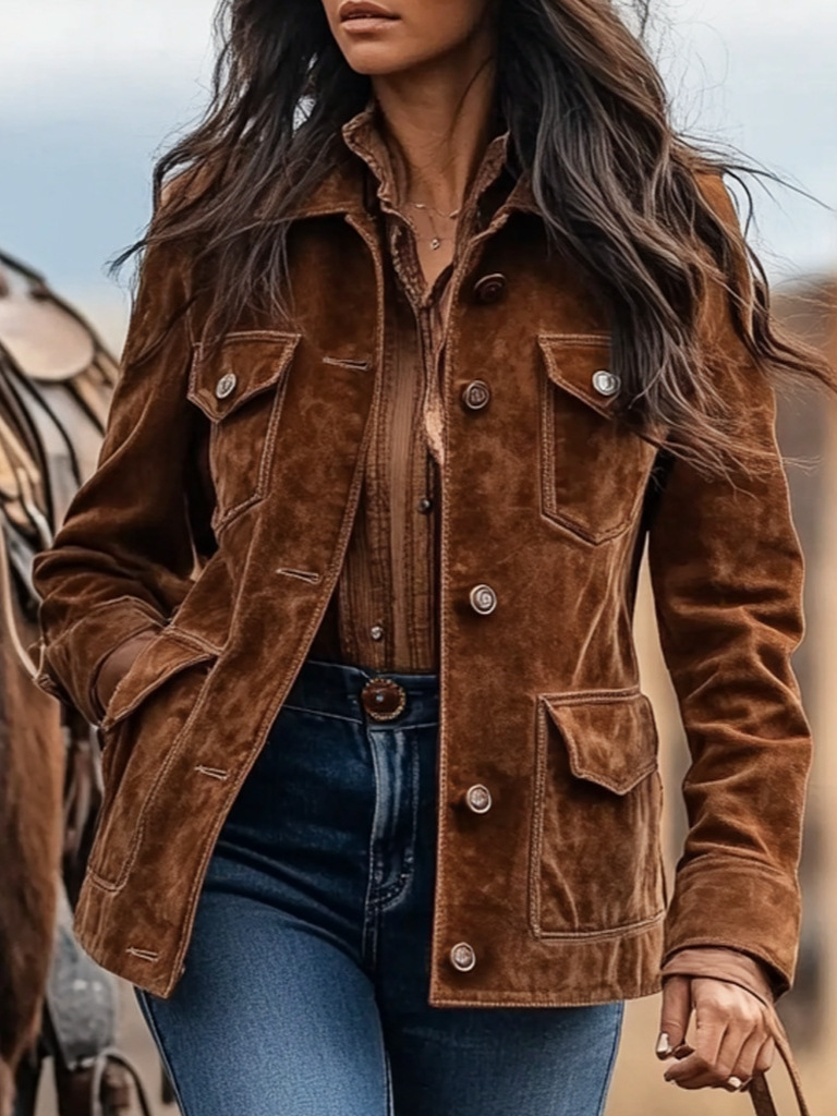 Chaqueta vintage de ante con múltiples bolsillos