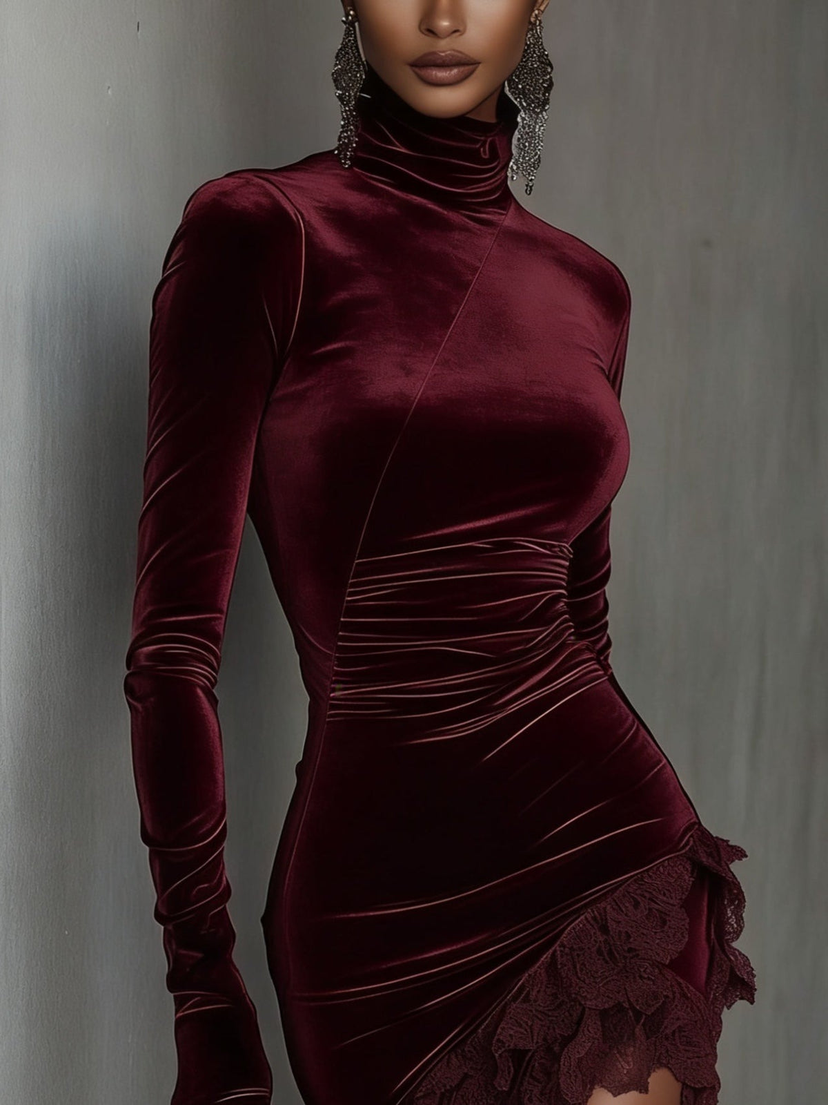 Vestido mini de terciopelo burdeos con cuello alto y bajo de encaje