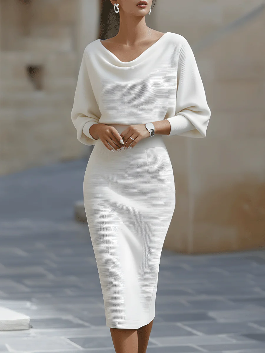 Vestido Midi Blanco Drapeado de Manga Murciélago