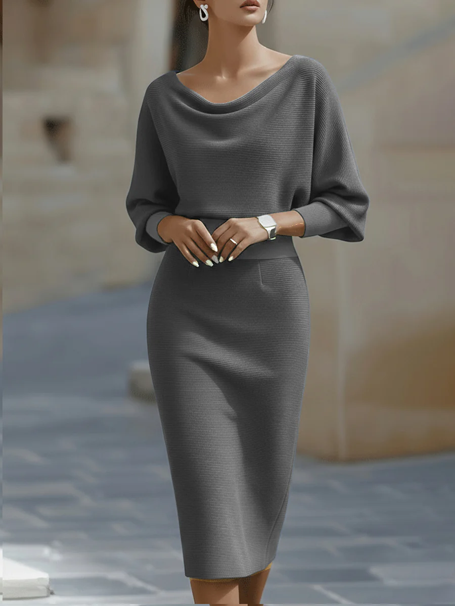 Vestido Midi Blanco Drapeado de Manga Murciélago
