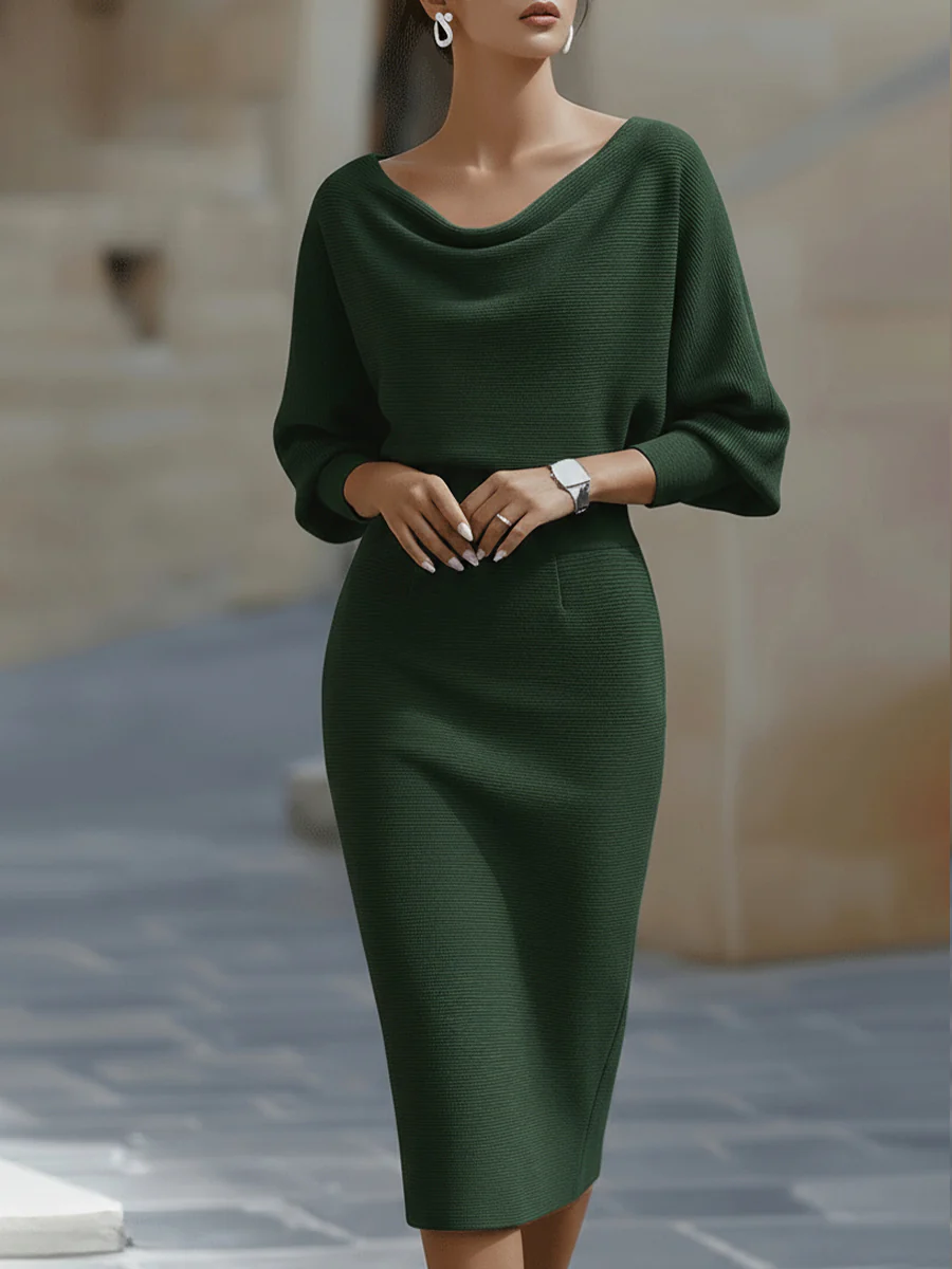 Vestido Midi Blanco Drapeado de Manga Murciélago