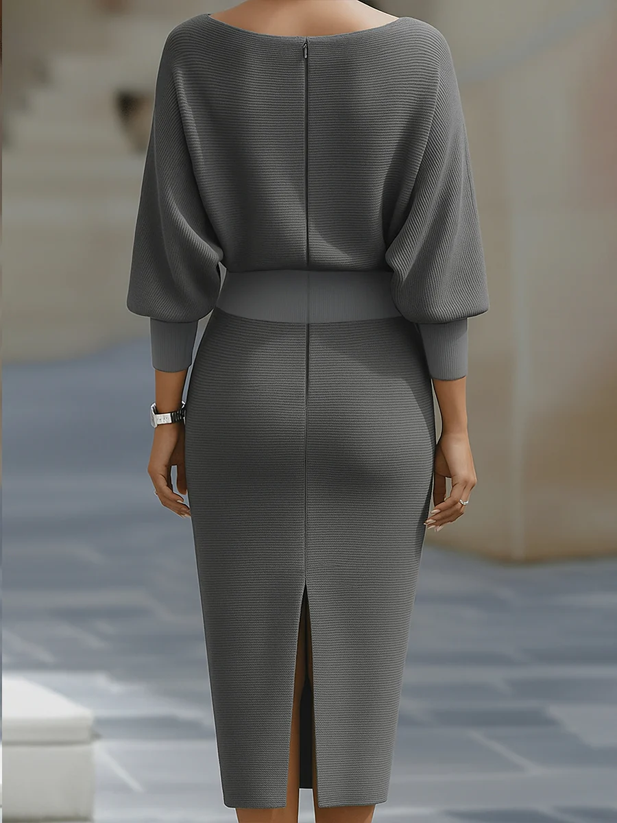 Vestido Midi Blanco Drapeado de Manga Murciélago