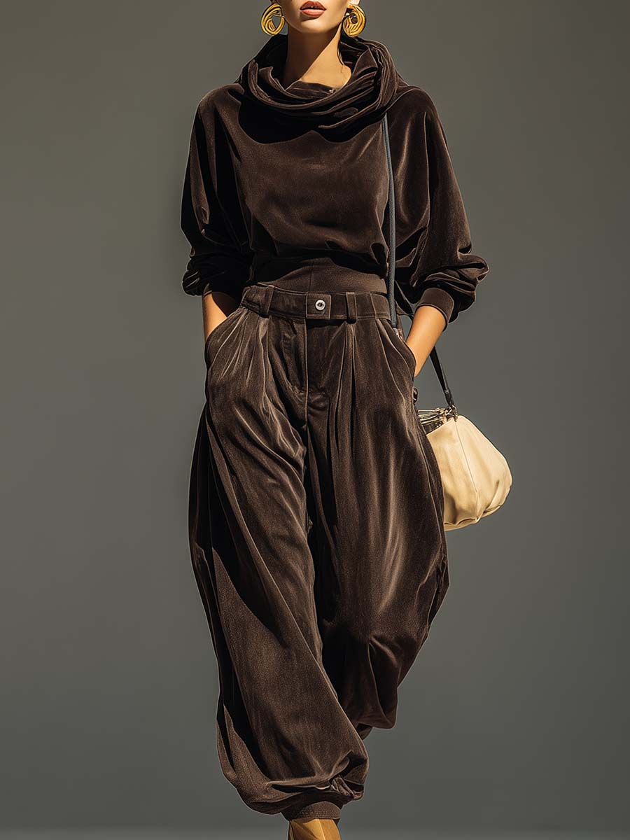 Conjunto de sudadera y pantalón de terciopelo marrón vintage (incluye cinturón)