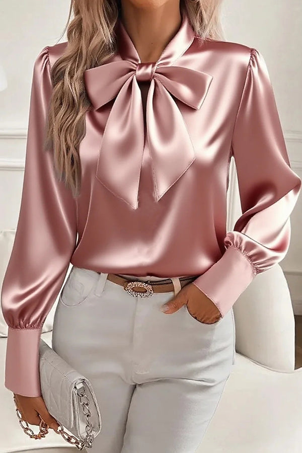 Camisa casual de satén en color liso con lazo