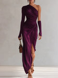 Vestido maxi morado de un solo hombro, elegante y retro