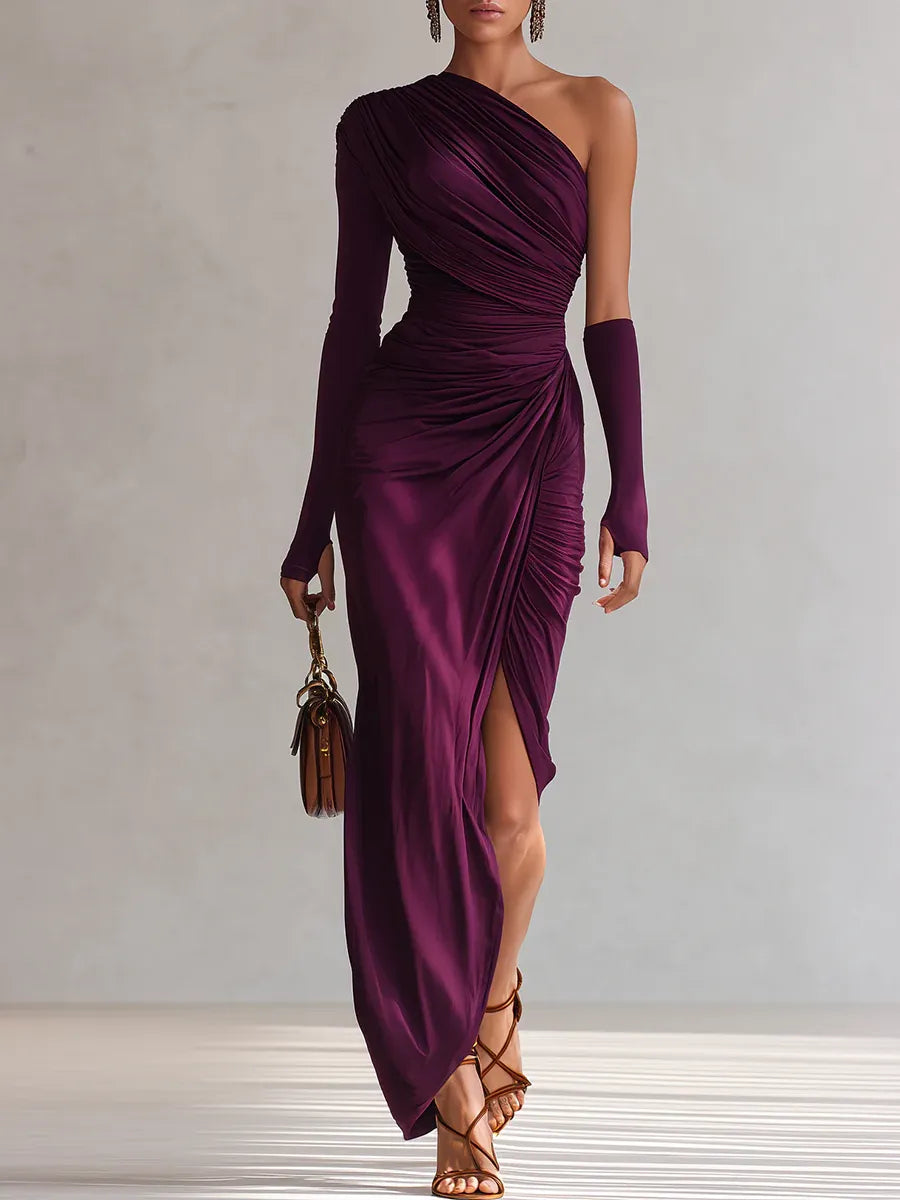 Vestido maxi morado de un solo hombro, elegante y retro