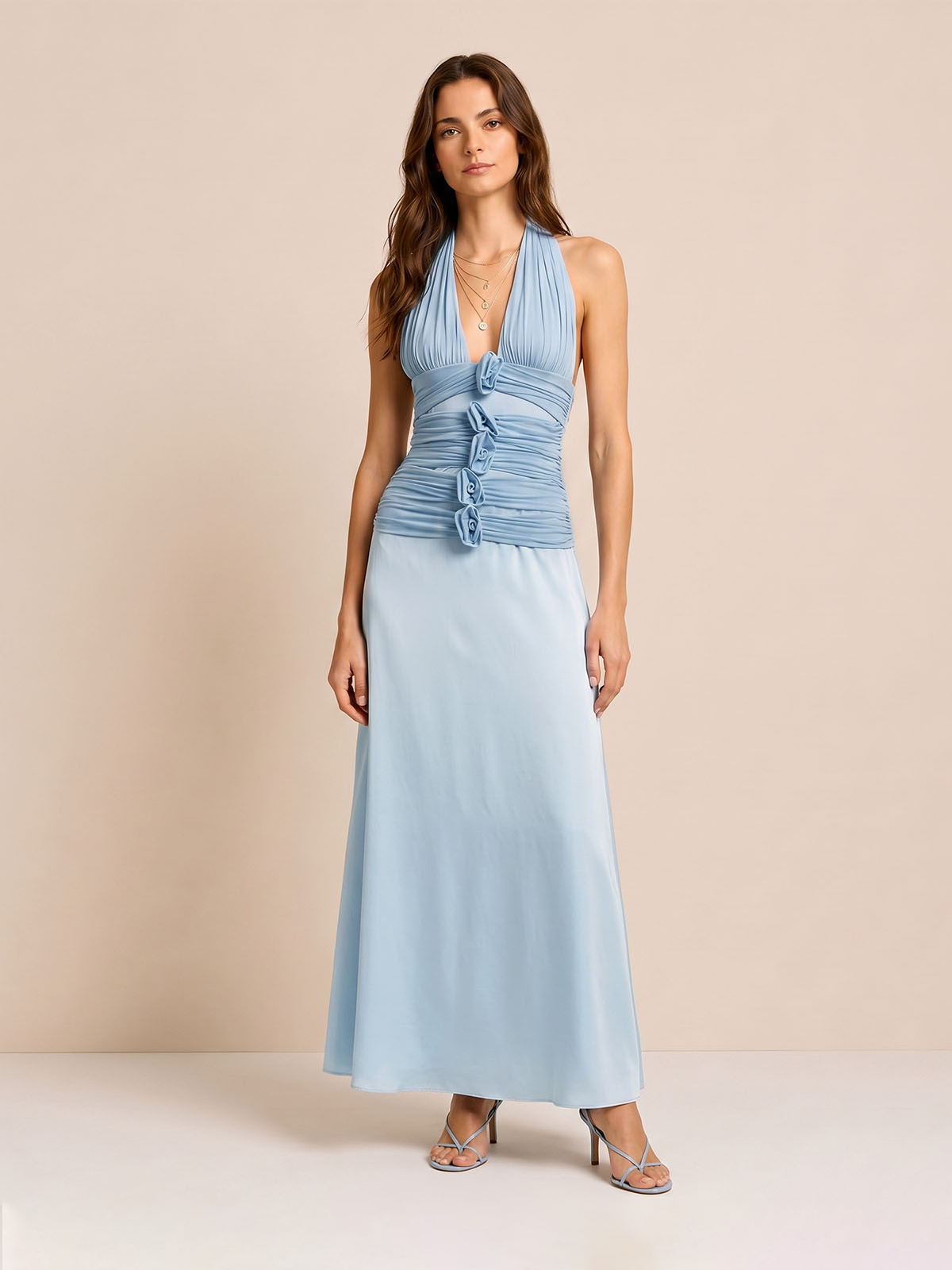 Vestido largo halter con estampado floral 3D