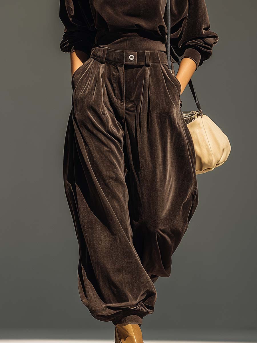Conjunto de sudadera y pantalón de terciopelo marrón vintage (incluye cinturón)