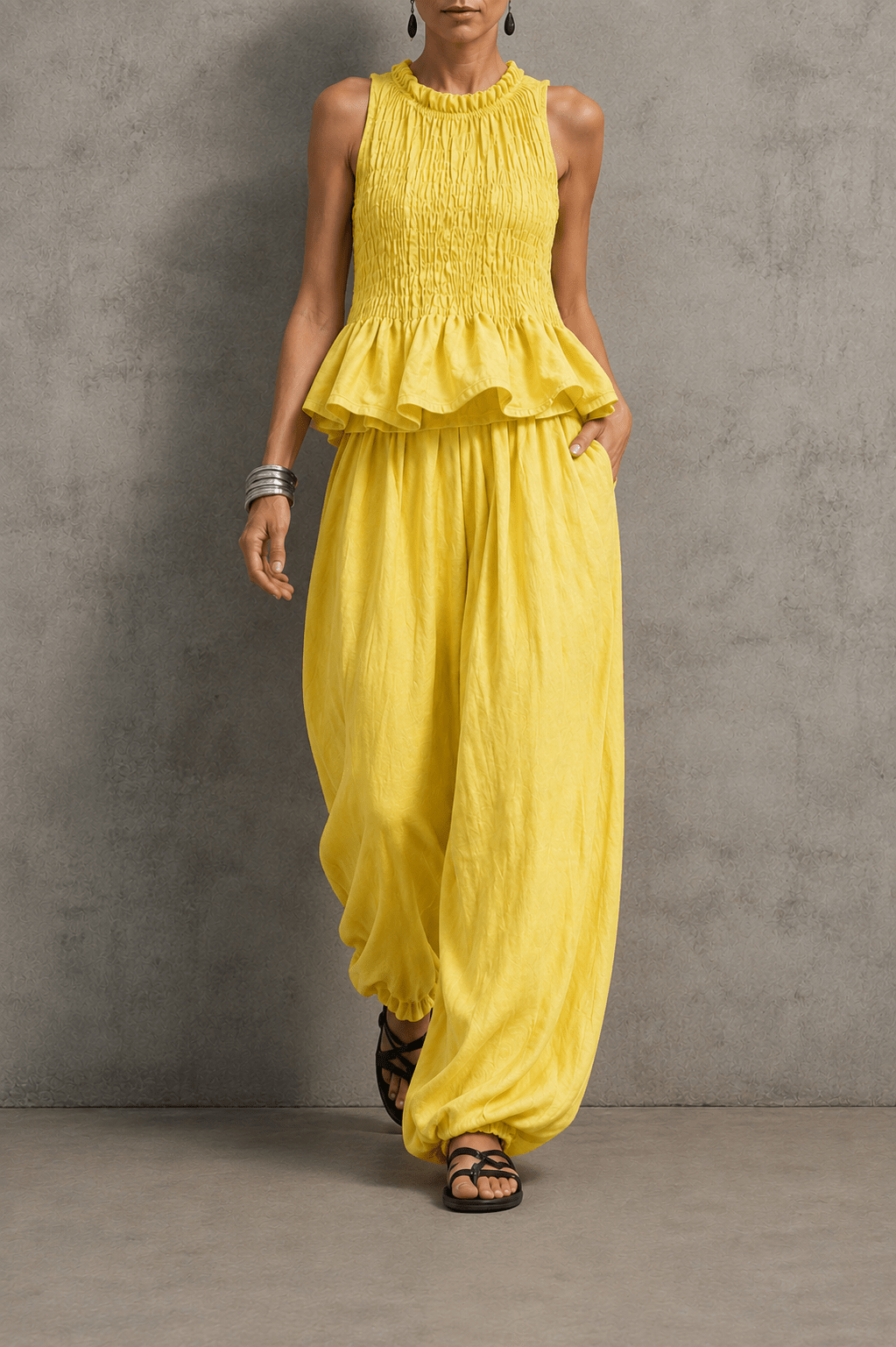 Conjunto bohemio de volantes y pantalón fluido