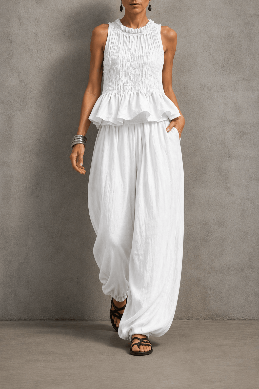 Conjunto bohemio de volantes y pantalón fluido