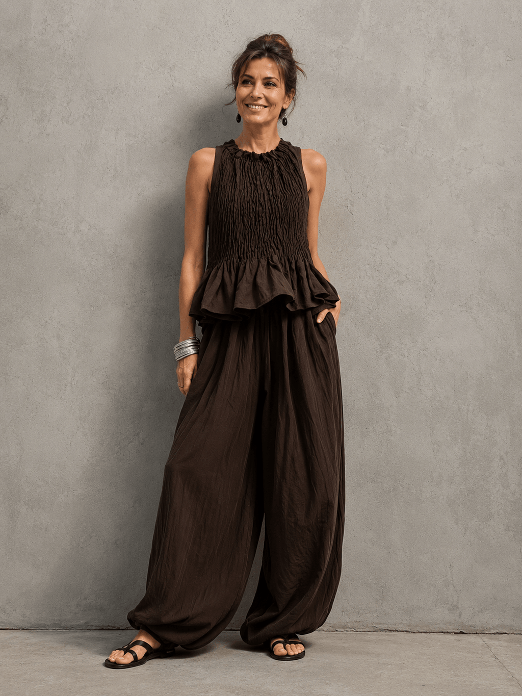Conjunto bohemio de volantes y pantalón fluido