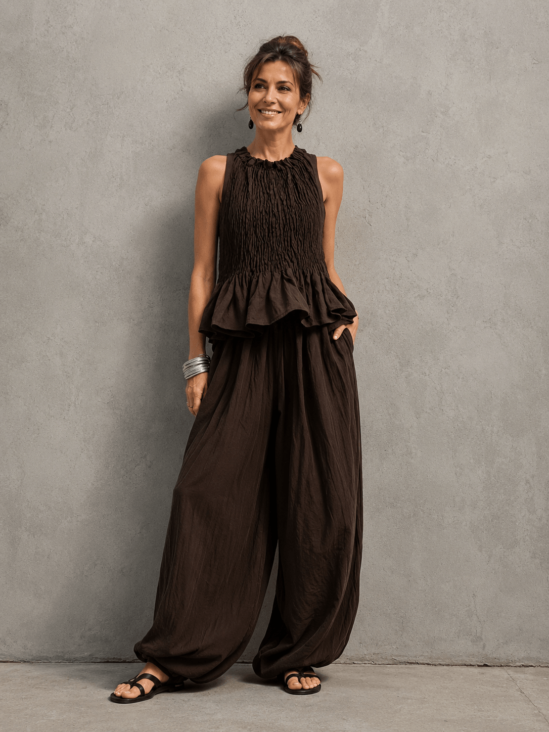 Conjunto bohemio de volantes y pantalón fluido