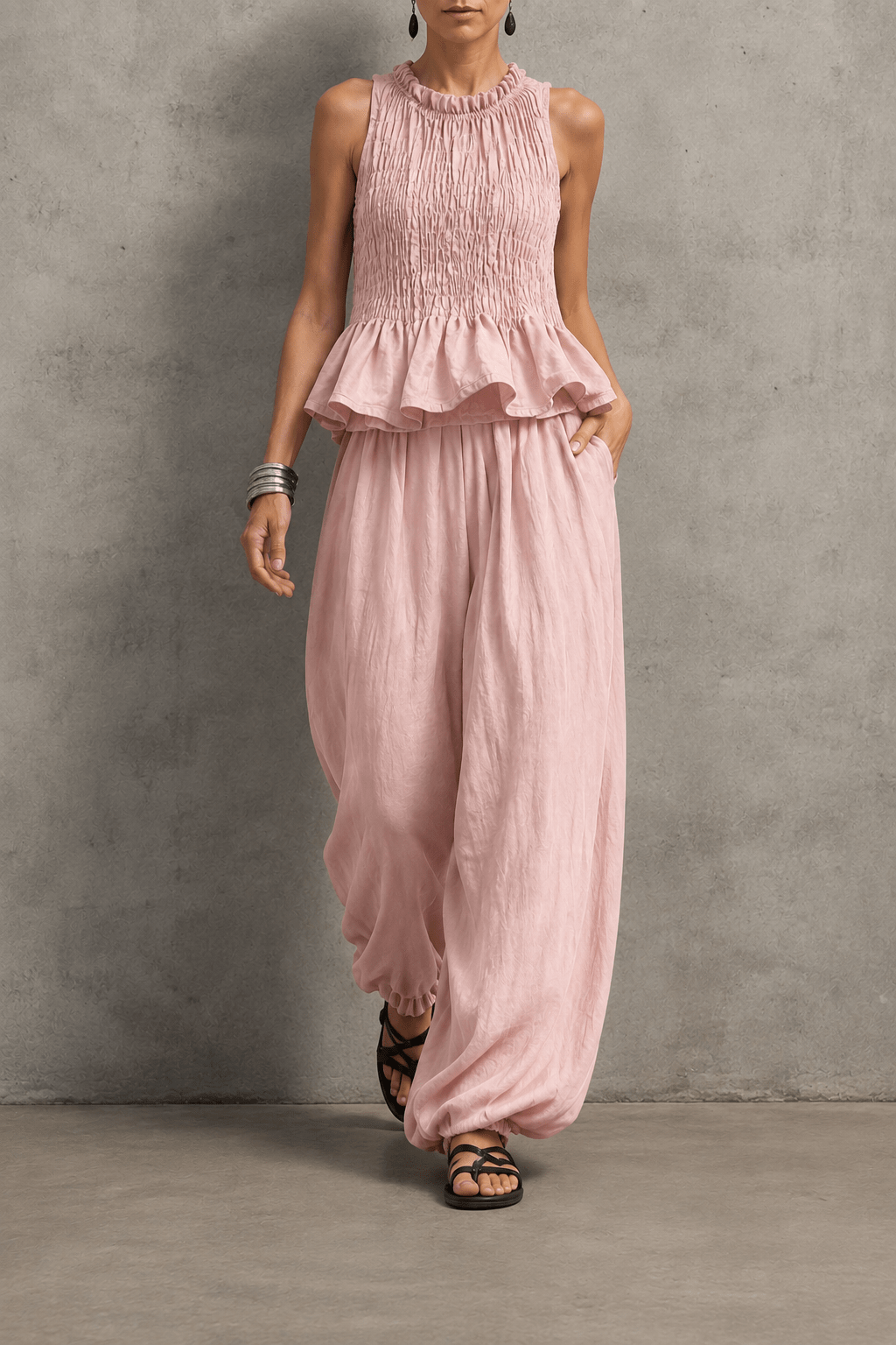 Conjunto bohemio de volantes y pantalón fluido