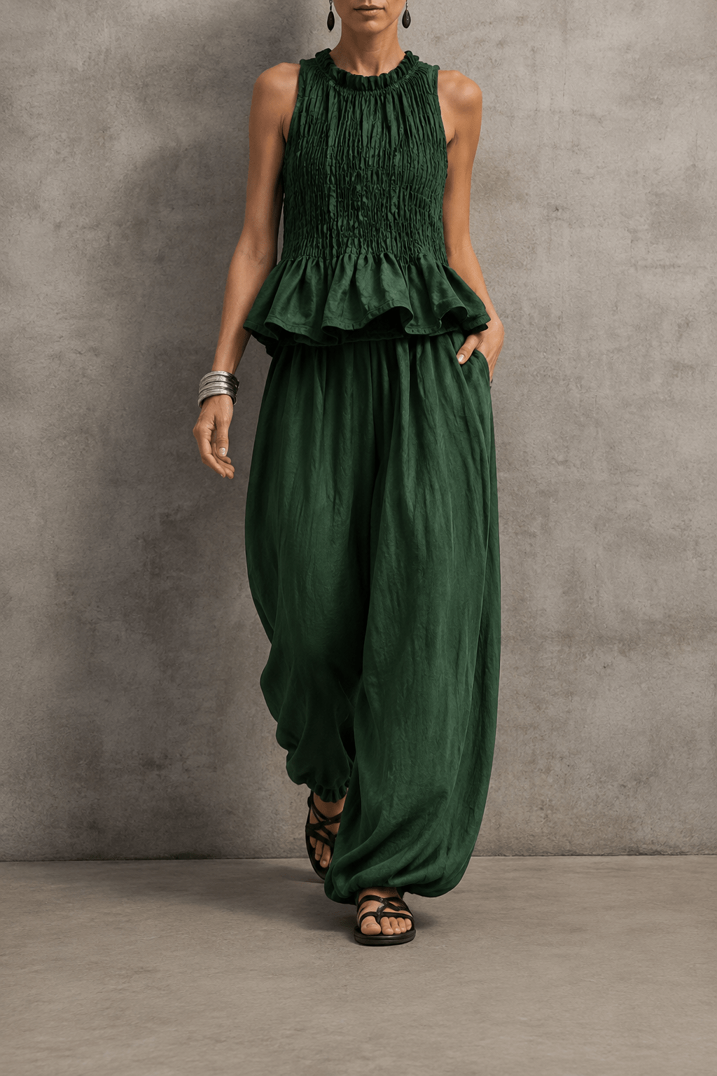 Conjunto bohemio de volantes y pantalón fluido