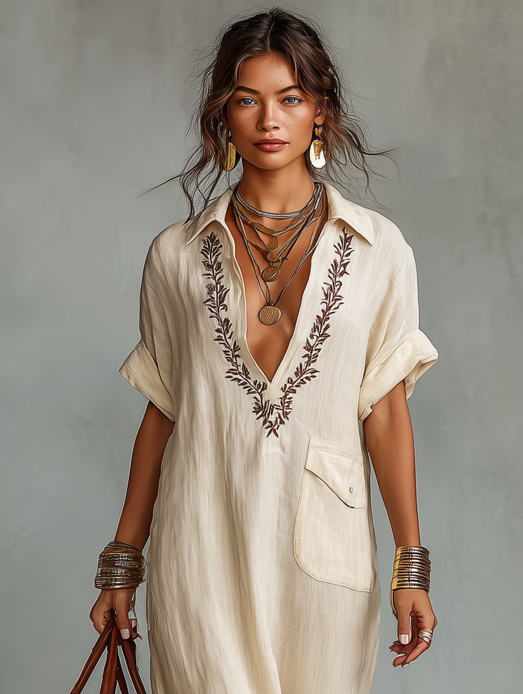 Vestido maxi de lino con escote en V bordado y detalles de bolsillos