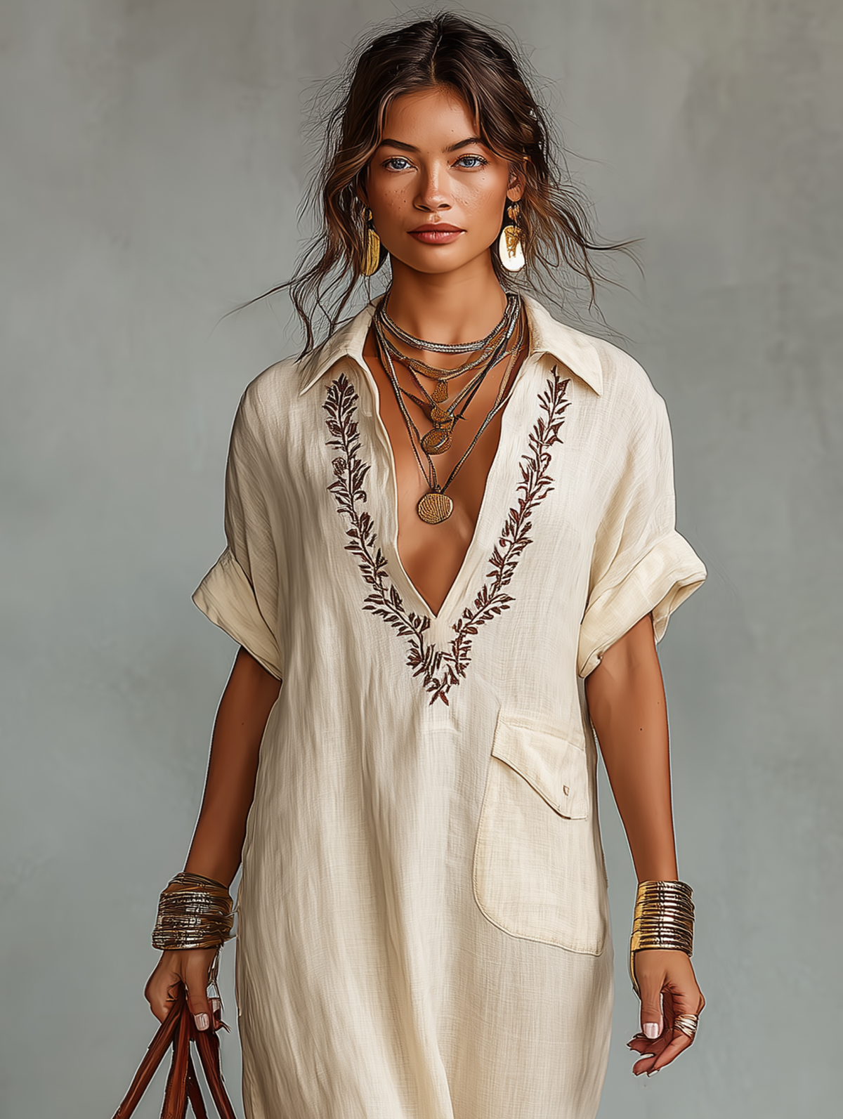 Vestido maxi de lino con escote en V bordado y detalles de bolsillos