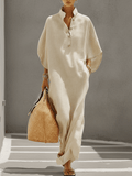 Vestido Maxi de Lino con Cuello Mao