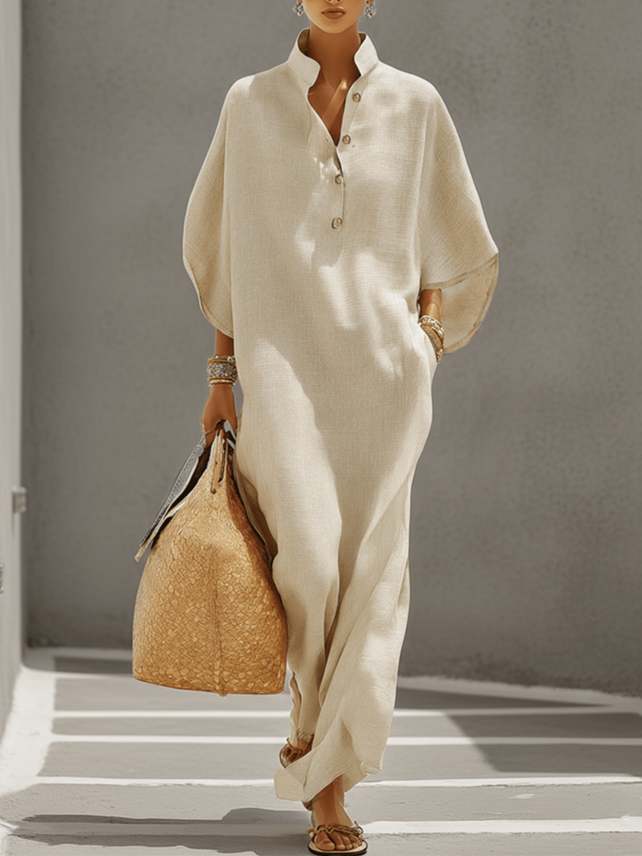 Vestido Maxi de Lino con Cuello Mao