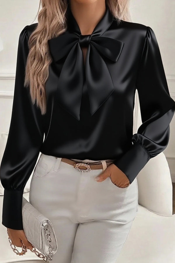 Camisa casual de satén en color liso con lazo