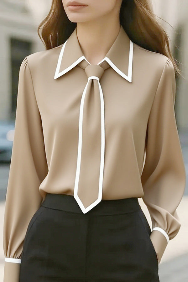 Camisa casual de manga larga con lazo en contraste