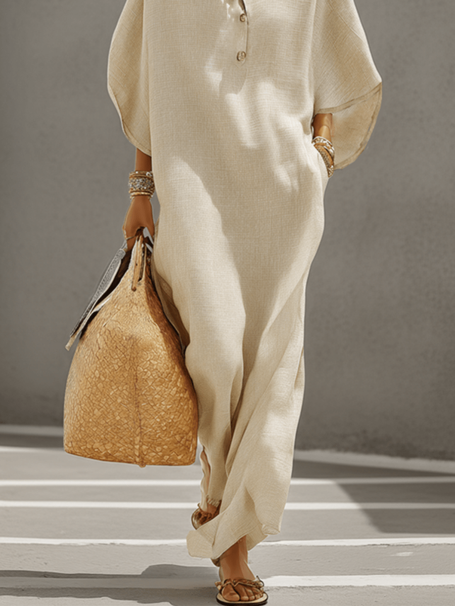 Vestido Maxi de Lino con Cuello Mao