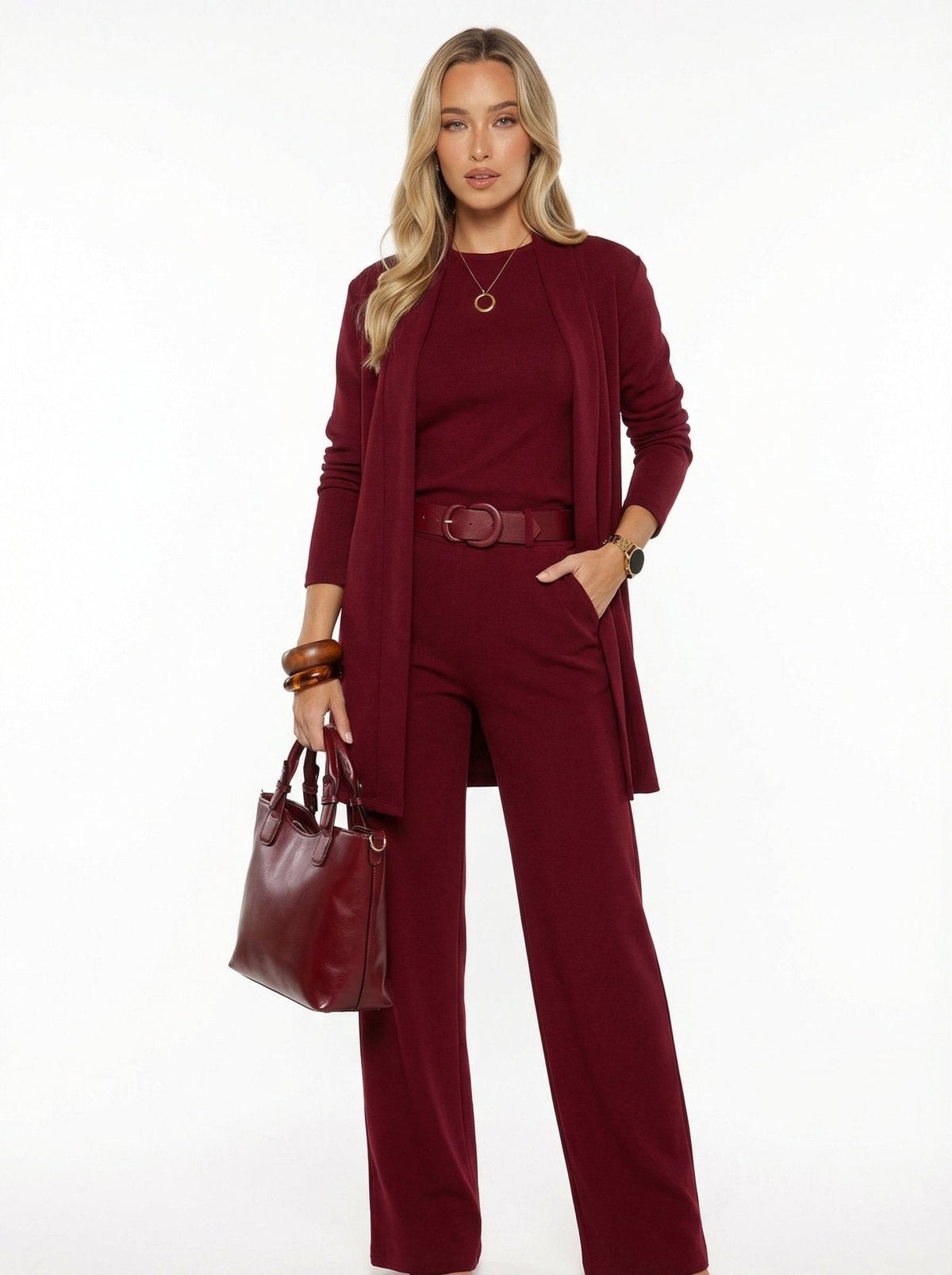 Conjunto de cárdigan largo, top y pantalón