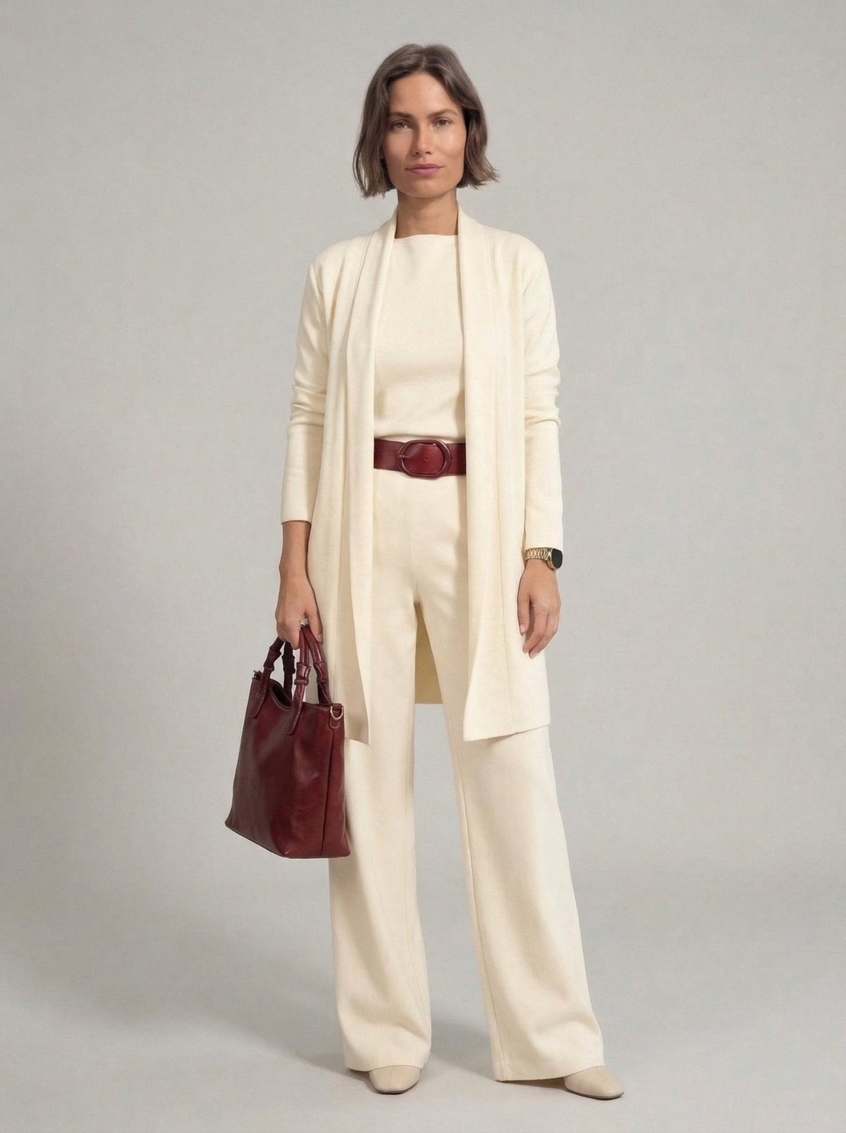 Conjunto de cárdigan largo, top y pantalón