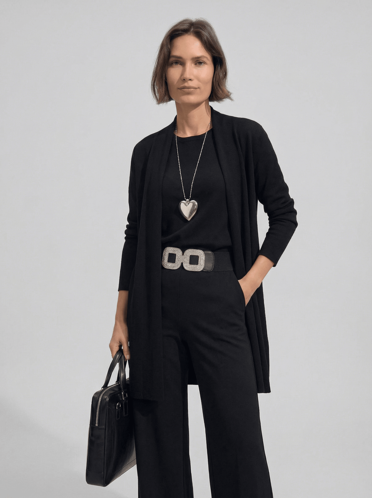 Conjunto de cárdigan largo, top y pantalón