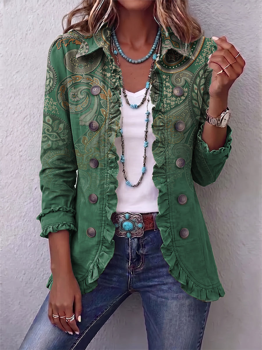 Chaqueta de cachemira verde con volantes